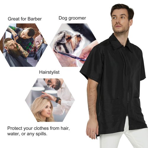 Men’s Barber Jacket and Vintage Print Stylist Grooming Smock- Professional Hair Dressing Apparel in Black