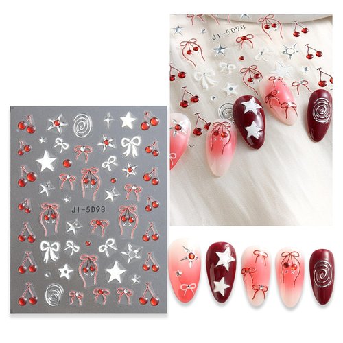 SUTOKAKA Cherry Nail Art Stickers 5 Sheets Self-Adhesive Embossed 5D Red Cherry Bowknot Nail Decals Cute Fruit Summer Autumn Nail Decorations for DIY Nail Art Design