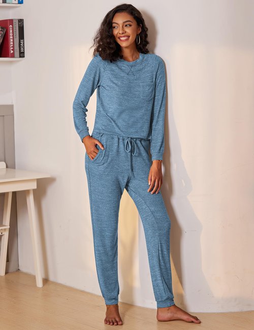 Ekouaer Womens Pajamas Set Long Sleeve Loungewear Soft Lounge Set Joggers with Pockets,Small,Navy