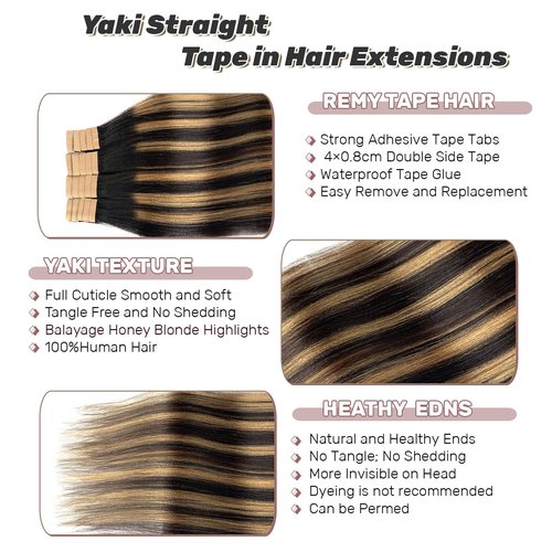 Tape in Hair Extensions Human Hair Yaki Straight Natural Black Hair Extensions Balayage Caramel Blonde Highlights Real Remyh Human Hair 14 Inch 50g/pack 20pcs Tape Hair Extensions for Black Women