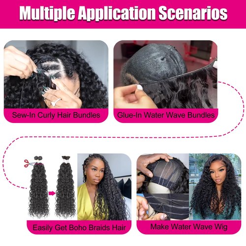 UENOKIPS Water Wave Hair Bundles 100% Pure Protein Silk Curly Bundles 16 18 20 Inch 6 Bundles 290g Soft Natural Look Human Hair Feel Wet and Wavy Hair Extensions Natural Black