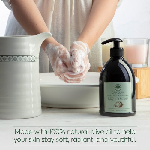 GAIA Oliva Olive Oil Hand Soap Liquid – Luxury Moisturizing Liquid Hand Soap for Bathroom & Kitchen, Natural Ingredietns for Dry, Cracked Hands with Coconut Scent – 16.9 FL OZ Bottle (Pack of 2)
