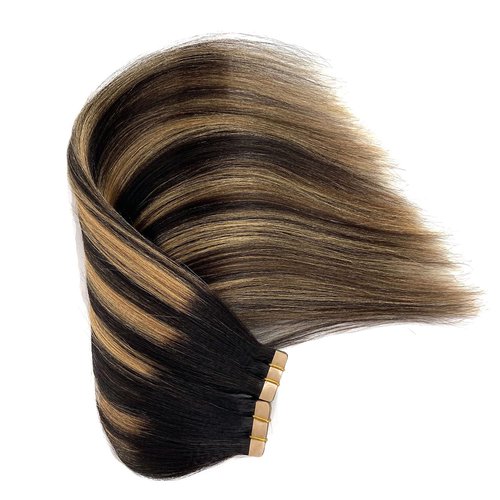Tape in Hair Extensions Human Hair Yaki Straight Natural Black Hair Extensions Balayage Caramel Blonde Highlights Real Remyh Human Hair 14 Inch 50g/pack 20pcs Tape Hair Extensions for Black Women