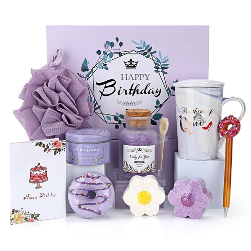 Whisysher Gift Basket for Women, Unique Relaxing Spa Birthday Gift Box, Purple Ceramic Mug, Lavender Scented Candle, Bath Bombs, Salt, Loofah Sponge