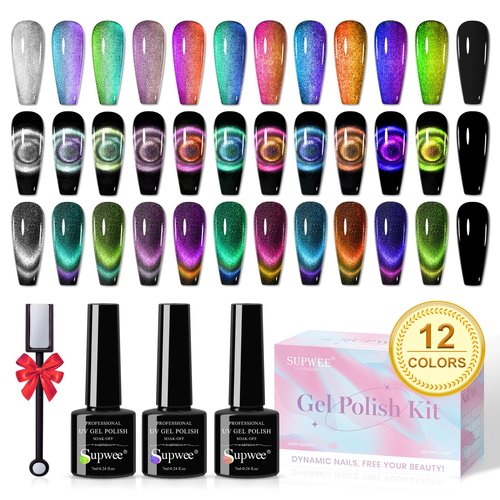 SUPWEE Cat Eye Gel Nail Polish Set - 12 Colors 9D Magnetic Nail Polish Gel Galaxy Cateye Nail Gels Polishes with 1 Black Gels and Magnetic Lamp Cure Required Home Manicure DIY Nail Art