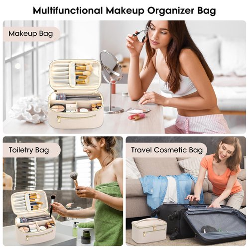 Travel Makeup Bag Organizer, Large Capacity Cosmetic Pouch for Women, Waterproof Make Up Bag with Divider, Clamshell Makeup Case Make Up Bag with Handle and Metal Zipper, Travel Essentials White