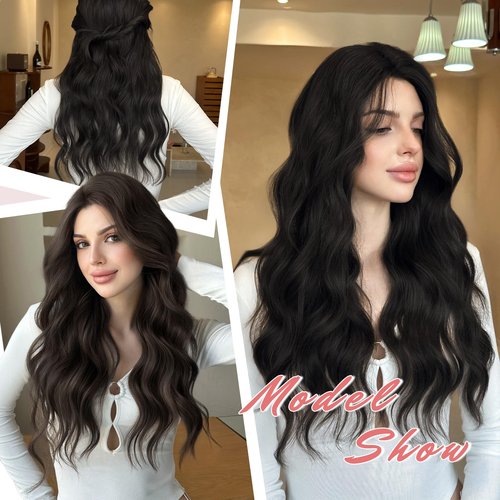 XIXISNOW Hair Topper 24 Inch Long Wavy Toppers Hair Pieces for Women Thinning Hairs Lace Hand-Tied Hairline Synthetic Heat Resistant Clip in Hairpieces 6"x6"Large Base for Daily Use Dark Brown