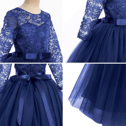 Flower Girls 3/4 Sleeve Maxi Tulle Lace Wedding Bridesmaid Party Dress Floor Length A Line Formal Pageant Long Prom Evening Dance Ball Gowns for Kids Navy Blue-3/4 Sleeve 7-8 Years
