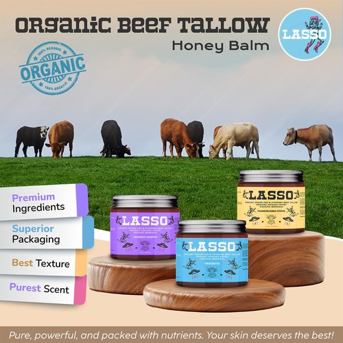 LASSO Beef Tallow Face Moisturizer with Grass-Fed/Finished Beef Tallow for Skin, Organic Manuka Honey and Beeswax, Unscented and Manuka Honey Balm