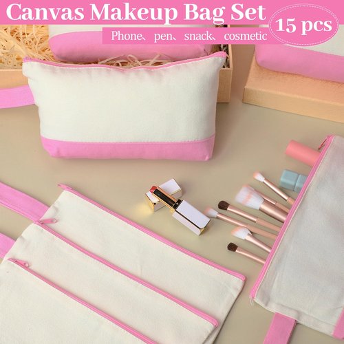 Silkfly 15 Pcs Cotton Canvas Makeup Bags Canvas Cosmetic Zipper 10.2 x 5.5 x 2 Inches Blank DIY Pouch Bag Bulk with Bottom Pencil Case Travel Toiletry Pouch for Women (Beige and Pink)