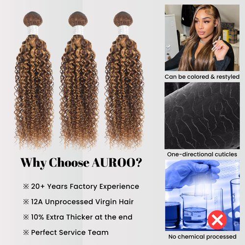 AUROO #P4/27 Highlighted Kinky Curly Single Bundles Human Hair 12Inch, 12A 100% Virgin Honey Blonde Highlight Brazilian Tight Curly Bundles Thick Track Brazilian Ombre Brown Colored Weaves Sew In Remy