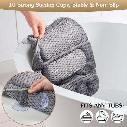 Suvast Luxury Bath Pillow for Tub, Dual Headrest & Back Support, 4D Air Mesh Quick-Dry Cushion, 10 Strong Suction Cups, Extra-Large Spa Bathtub Pillow Gift for Women(Grey)