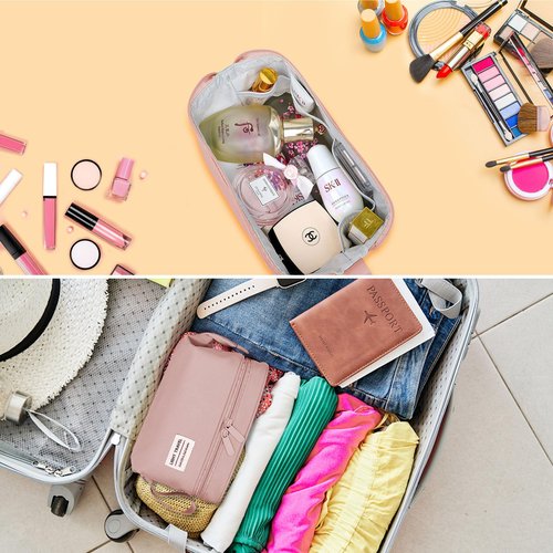 HEMOUR Makeup Bag Double Layer Portable Travel Cosmetic Bag with Brush Holder, Makeup Organizer Bag Toiletry Bag for Women and Girls (Pink)