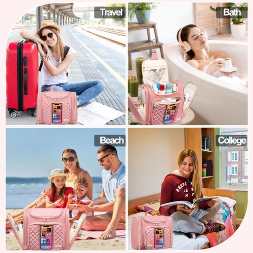 Romenrita Travel Toiletry Bag for Women, Hanging Toiletry Bag, Bathroom Bag Portable Shower Caddy for College Dorm Travel Shower Bag for Women Water-Resistant Cosmetic Makeup Bag (Pink)