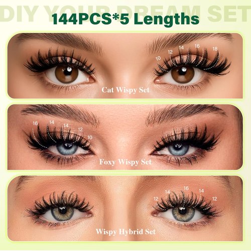 KEYYOU LASH Flora Lash Clusters Kit D Curl Natural Lashes 144pcs Lash Extension Kit 8-18mix False Eyelashes Fluffy lashes with Ultra-Thin Soft Band with Remover Waterproof Bond and Seal(F01 Kit)