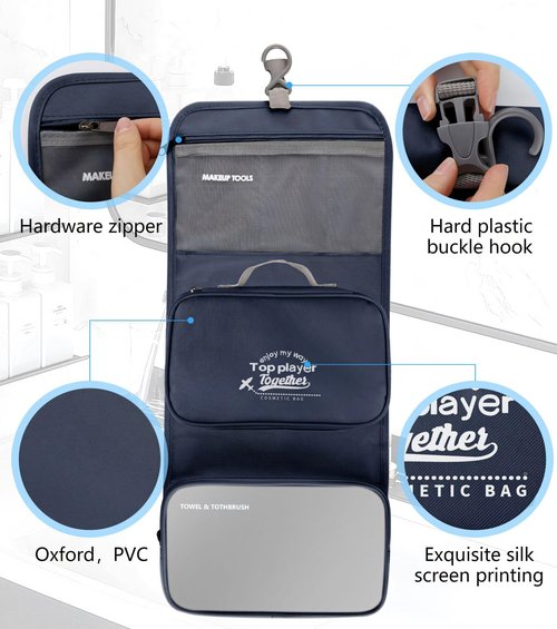 Piegricdiat Hanging toiletry bag for men - large functional hanging travel toiletry bag with detachable wet/dry compartments. mens hanging toiletry travel bag (dark blue)