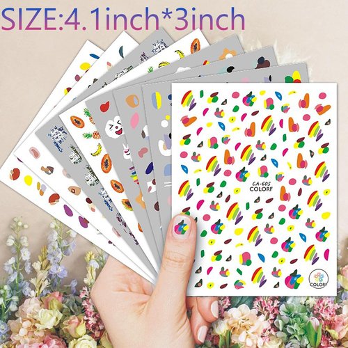 WAFOLOZE 8 Sheets Geometry Summer Nail Stickers for Girls,Fruits Nail Decals 3D Self-Adhesive Kids Flower Nail Stickers Little Rainbow Design Holiday Decals for Women