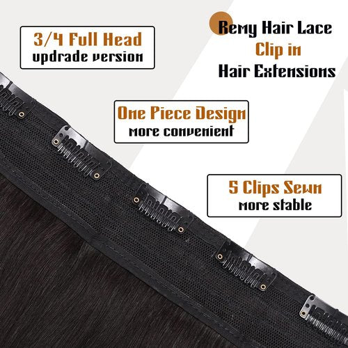 Benehair Clip-in Hair Extensions Real Human Hair Black Straight 3/4 Full Head 5 Clips 18 Inch One Piece for Women with Thinning Hair #1B Natural Black