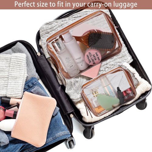 Tbestmax 4 Packs Cosmetic Bags Clear Makeup Bags Portable Travel Toiletry Bags Waterproof Cosmetic Organizer Brown(2M + 2L)