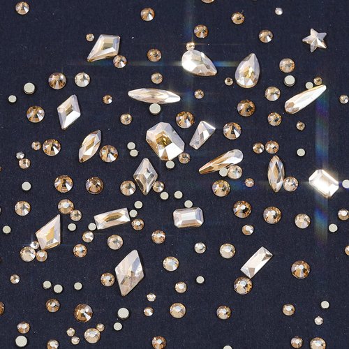 HNUIX Nail Rhinestones - 4550pcs Champagne Gold, Multiple Shape Gems, Flatback Crystal Rhinestones, with Kit and Glue Gel, for Nail Art
