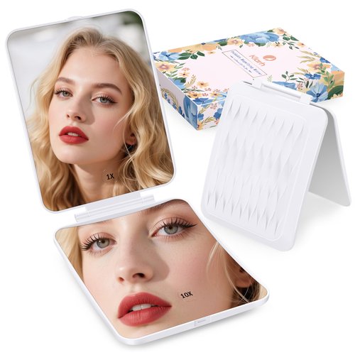 klarh Travel Makeup Mirror with 1X/10X Magnifying, Portable Folding Make Up Tabletop Mirror for Office, Compact Vanity Mirror for Travel (Pearl White, No LED Lights)