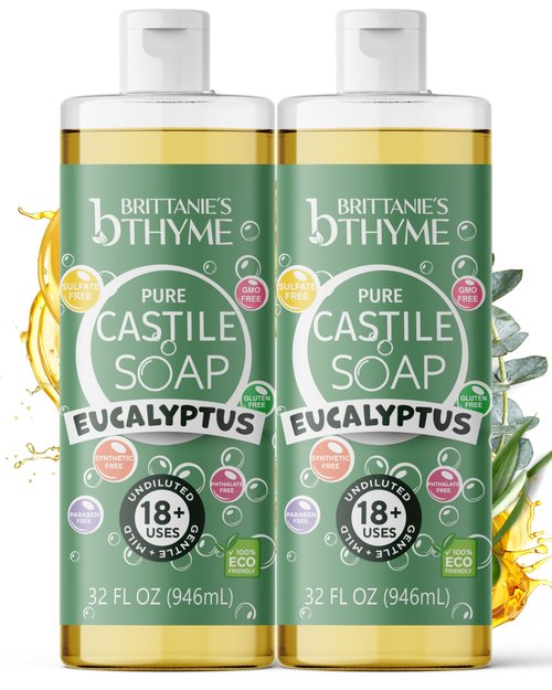 Brittanie's Pure Castile Liquid Soap Eucalyptus – 2 Pack (32oz Each) | Natural, Organic, Multi-Purpose Soap for Body, Face, Home & Pets | Vegan, Sulfate-Free, Made in USA