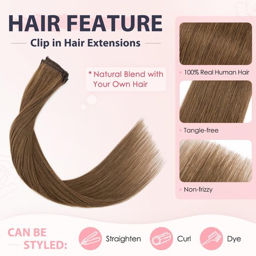 TESS Clip in Hair Extensions Human Hair with Single Clip Lace Weft Straight Highlight Add Volume 6 Pcs 6 Clips, 16 Inch, Chocolate Brown
