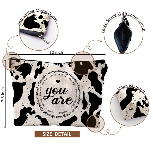 QGFM Western Cow Print Makeup Bag - Christian Inspirational Gifts Cosmetic Bags With Zipper