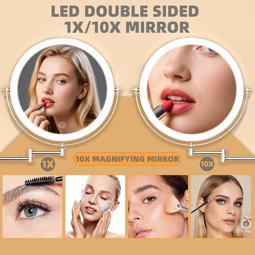 Batuso 8.5" Wall Mounted Makeup Mirror with Light, 2000mAh Rechargeable Double Sided 1X / 10X Magnifying Vanity Mirror, 3 Color Lights Touch Dimmable 360° Rotation Bathroom Mirror, Chrome