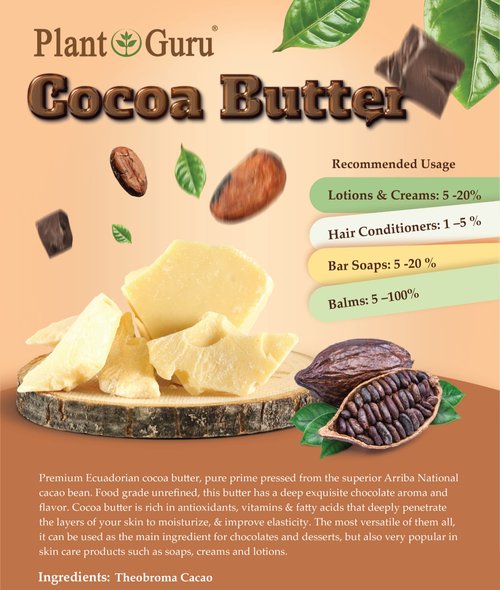 Plant Guru Raw Cocoa Butter 14.5 oz. 100% Pure Natural Unrefined FOOD GRADE Arriba Nacional Cacao Bean, Great For Chocolate Making, Soap, Lip Balm and Moisturizer For DIY Body Butters