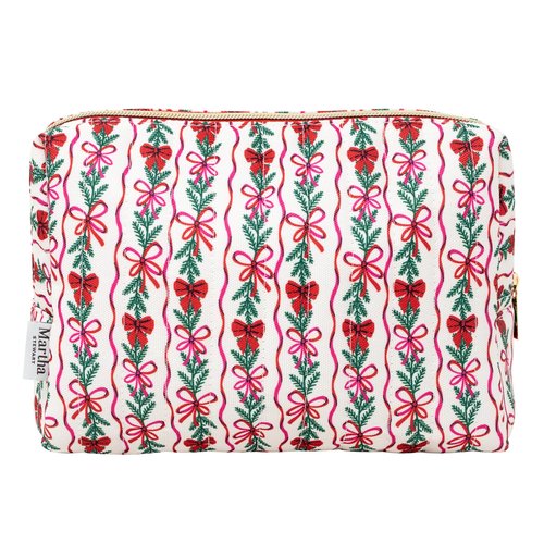 Martha Stewart Festive Quilted Makeup Bag, Compact Cosmetic Organizer for Women, Small Zipper Pouch with PVC Lining, 8.75" x 4" x 6" (Holiday Bow Stripe)
