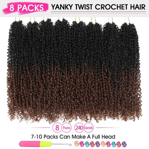 NAYOO 14 Inch Yanky Twist Crochet Hair - 8 Packs (30 Stands/Pack) Mini Passion Twist with Curly Ends Synthetic Pre-Looped Crochet Braids Braiding Hair (14 Inch, T30)
