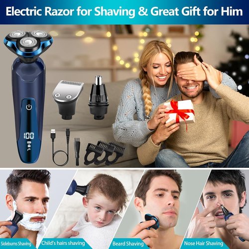 Viatia Electric Razors for Men – 3D Head Shavers, Wet & Dry Cordless Shaver, IPX7 Waterproof with Beard/Nose Trimmer & Face Cleaning Brush, Men’s Shaving Kit, Ideal Gift for Men