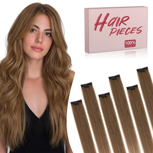 TESS Clip in Hair Extensions Human Hair with Single Clip Lace Weft Straight Highlight Add Volume 6 Pcs 6 Clips, 16 Inch, Chocolate Brown
