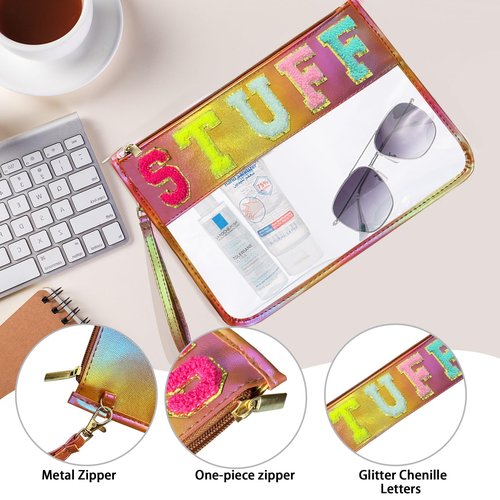 Cawvox Clear Stuff Bag for Travel,Chenille Letter Sewn On Zipper Pouch, PVC&PU Leather Cosmetic Bags,Sunscreen Bag, Toiletry Bag, Water-proof Makeup Bag For Women and Friend, Gym,Beach (Colorful)