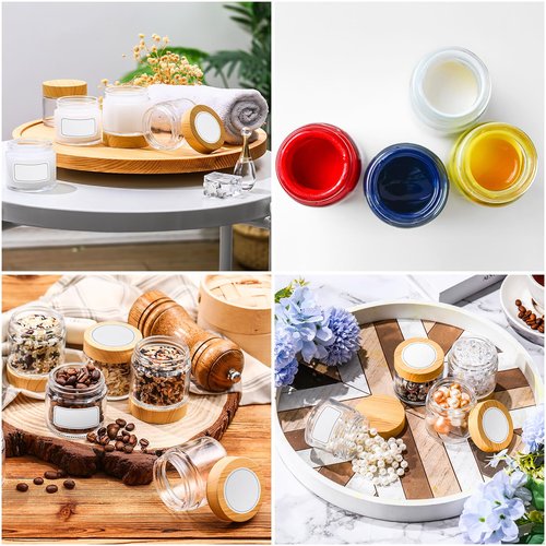 Layhit 24 Pcs 2oz Glass Jars with Lids Clear Small Jars with Plastic Woodgrain Lids, White Labels and Inner Liners Empty Round Cosmetic Containers for Creams Lotions Candle Making (2oz/ 60ml)
