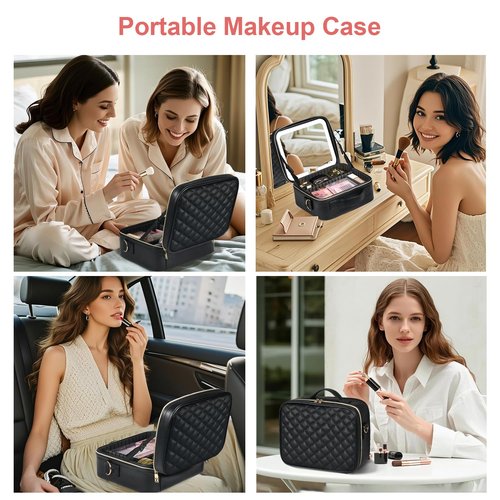 Makeup Case with LED Light Mirror, Professional Portable Travel Cosmetic Organizer Bah with Adjustable Dividers, USB Charging, Large Capacity, Ideal for Travel, Gift for Women Girls, Black