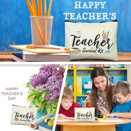 Sadnyy 9 Pcs Teacher Appreciation Gifts Sets Teacher Makeup Pouch Cosmetic Bag Teacher Tote Bag Bulk Canvas Teacher Bangle Bracelet Teacher's Day Birthday Graduation Back to School Gift for Teacher