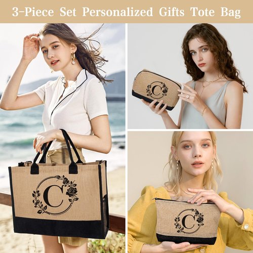 Personalized Gifts for Women, Initial Jute Tote Bag Beach Bag Makeup Bag, Monogrammed Birthday Gifts Tote Bag for Mom Women Her