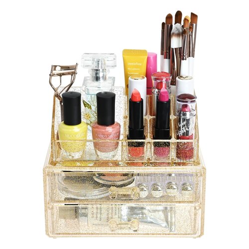 Ikee Design Acrylic Makeup Organizer with 2 Drawers Removable Top Lipstick Holders, Cosmetics Organizer for Skincare, Accessories, Lip Gloss for Vanity or Bathroom Countertop, Gold Glitter