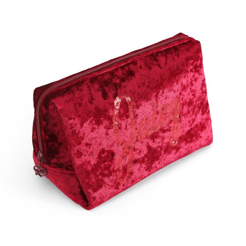 Juicy Couture Red Makeup Bag Cosmetics Organizer Travel Essentials Zip Top Wedge Crushed Velvet Sequin Logo