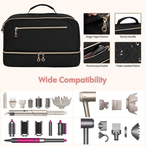 Teamoy Travel Carrying Case Compatible with Shark Flexstyle, Double-Layer Storage Bag for Shark Hyperair, Portable Travel Organizer for Dyson Airwrap Styler and Attachments, Black Quilted