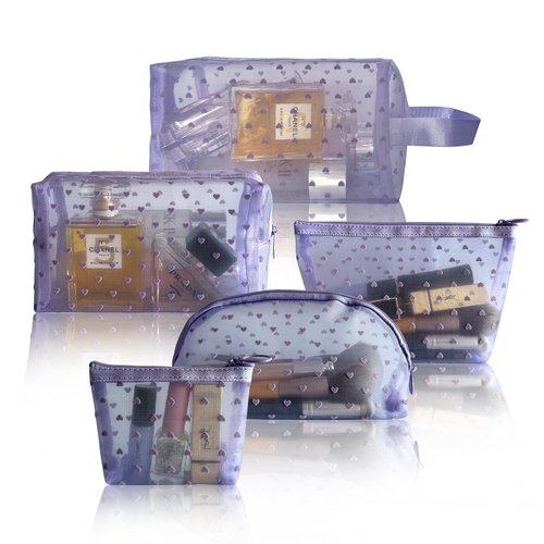 TRAKWAN 5-Piece Heart Printed Mesh Makeup Bag Set, Portable Travel Cosmetic Bags Toiletry Bags Purse Bags Makeup Bags Zipper Mesh Storage Pouches for Home Offices Travel Accessories (Purple)