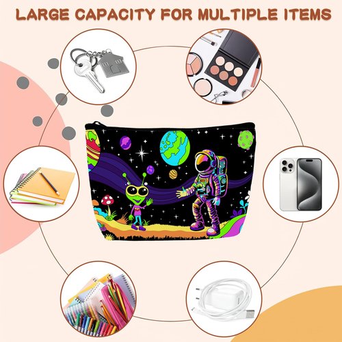 BUYIDUI Astronaut and Alien Trippy Makeup Bag Cosmetic Bag for Women Girls,Portable Makeup Bags Travel Toiletry Bag Organizer