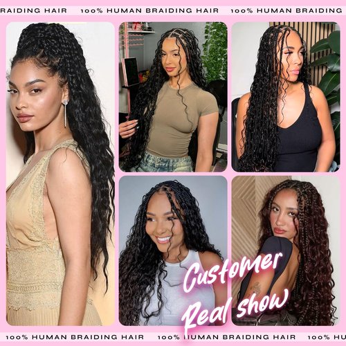 Human Braiding Hair for Boho Braids, 20 Inch 100g 2 Bundles Water Wave Bulk Human Boho Hair for Braiding 12A Virgin Curly for Knotless Braids Human Hair Bundles Natural Color