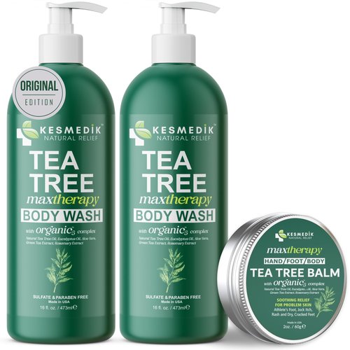 KESMEDIK Tea Tree Oil Body Wash (2-Pack) & Balm MaxTherapy Bundle – Cleansing & Moisturizing Duo for Dry, Itchy Skin Relief, Eczema, Ringworm, Athlete’s Foot, Jock Itch & Other Skin Irritation