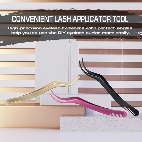 2 in 1 Lash Tweezer with Comb, Eyelash Extension, Stainless Steel Elbow Tweezers, Precise Eyebrow Tweezers Tool, Lashes Tweezer Applicator for DIY Applying False Eyelashes Clusters, Gold
