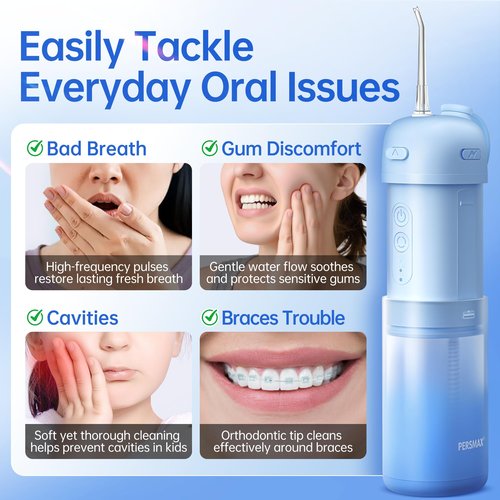 PERSMAX Water Flosser for Orthodontics Teeth Cleaning - Portable Electric Oral Irrigator Pick for Braces, Travel, Kids, with 3 Modes 8 Pressure Settings, 8 Tips, 150ML, IPX7, Gradient Blue