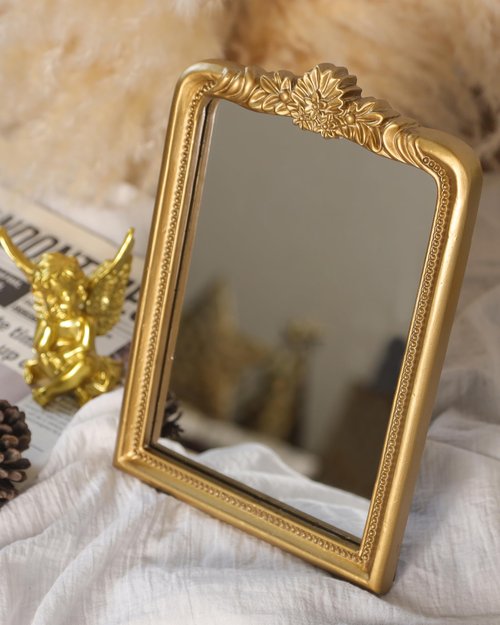 CMGL Gold Vintage Vanity Square Mirror, Antique Mirrors for Wall Decorative, Unique Cute Small Mirror, Table Top Makeup Framed Mirrors, Bathroom, Bedroom, Living Room,Fireplace,10.2" L x 7.3" W Gold