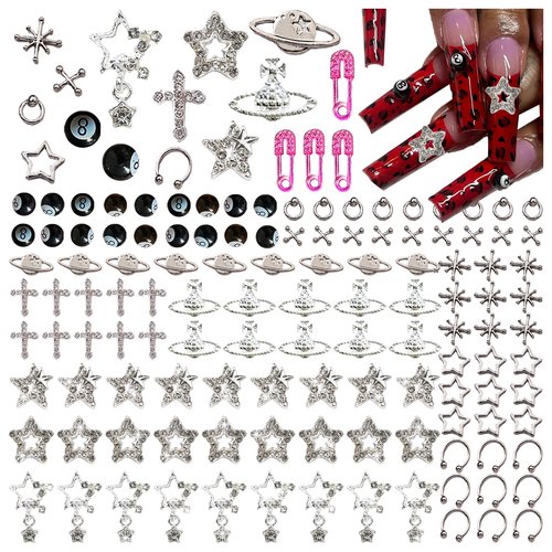 BBATT-HAPPY 134PCS Nail Charms for Acrylic Nails,Silver Star Planet Cross Punk Pink Pin Billiards Nail Art Accessories,Nail Jewels for Nail Art Supplies Craft DIY